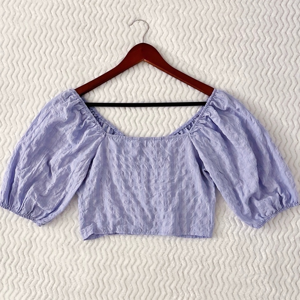 Primark Cropped Blouse Womens Size 2 Lilac Puff-Sleeve Off-Shoulder Soft Casual - Picture 2 of 11